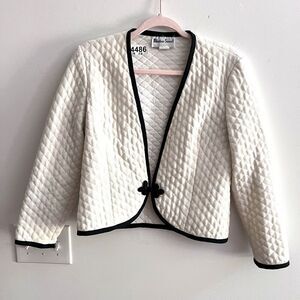 VTG 80s Ivory Blazer Jacket Womens 10 Quilted Leather Trim Snap Front Boxy *flaw